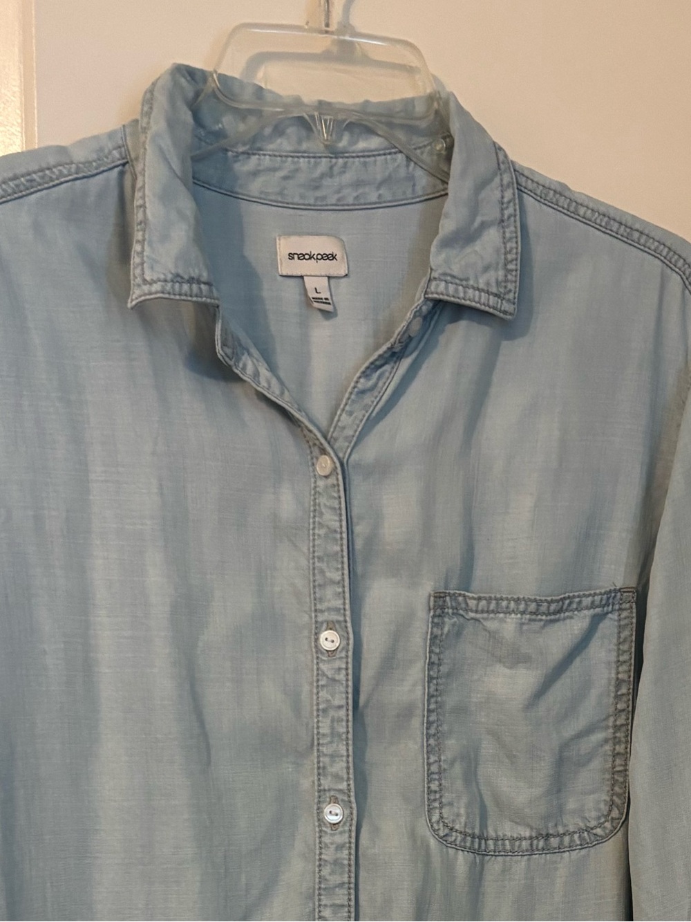 Sneak Peek Light Blue Chambray Denim-Style Button-Down Shirt Button Sleeve